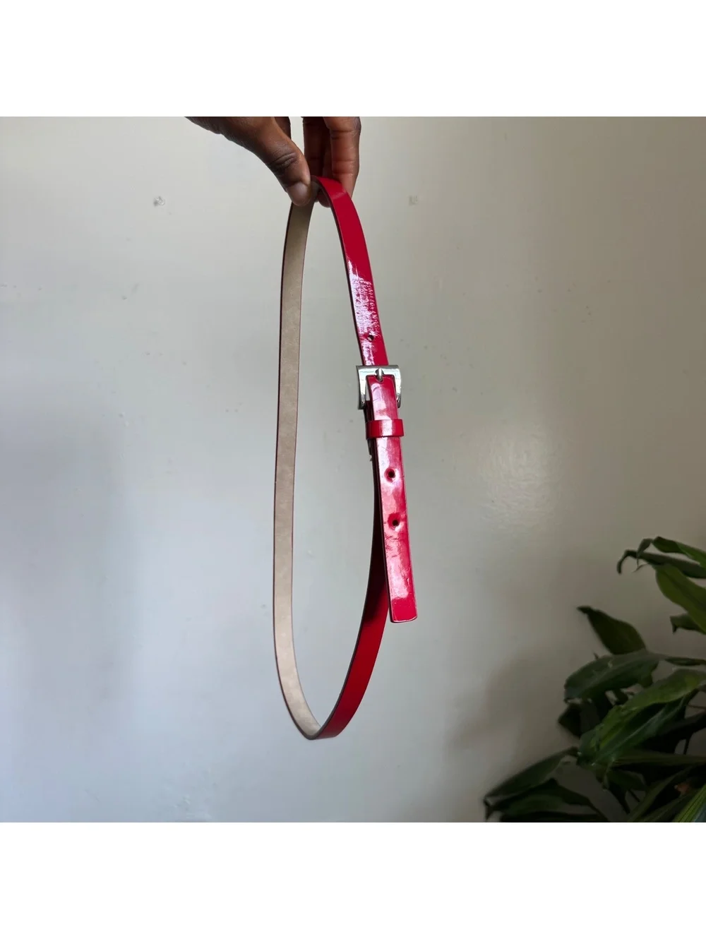 Y2K Cherry Red Patent Skinny Belt Silver Buckle | Office Siren Retro Fits like M